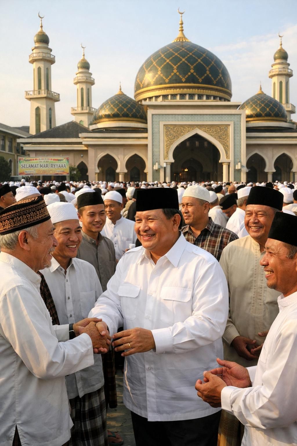 setelah shalat id, prabowo berbaur dengan jamaah masjid darussalam dan warga menunjukkan antusiasme tinggi dalam berebut salam, menciptakan suasana penuh kehangatan dan kebersamaan.
