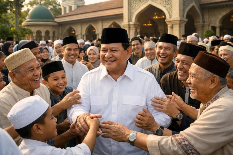 setelah shalat id, prabowo berbaur dengan jamaah masjid darussalam dan warga yang antusias berebut salam, menciptakan suasana penuh kehangatan dan kebersamaan.