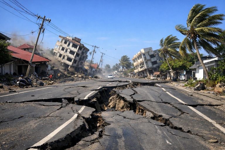 gempa dahsyat magnitudo 7,6 mengguncang sulawesi utara dan maluku utara, getarannya kuat hingga membuat jalanan aspal bergoyang. berita terkini dan dampak gempa di wilayah tersebut.