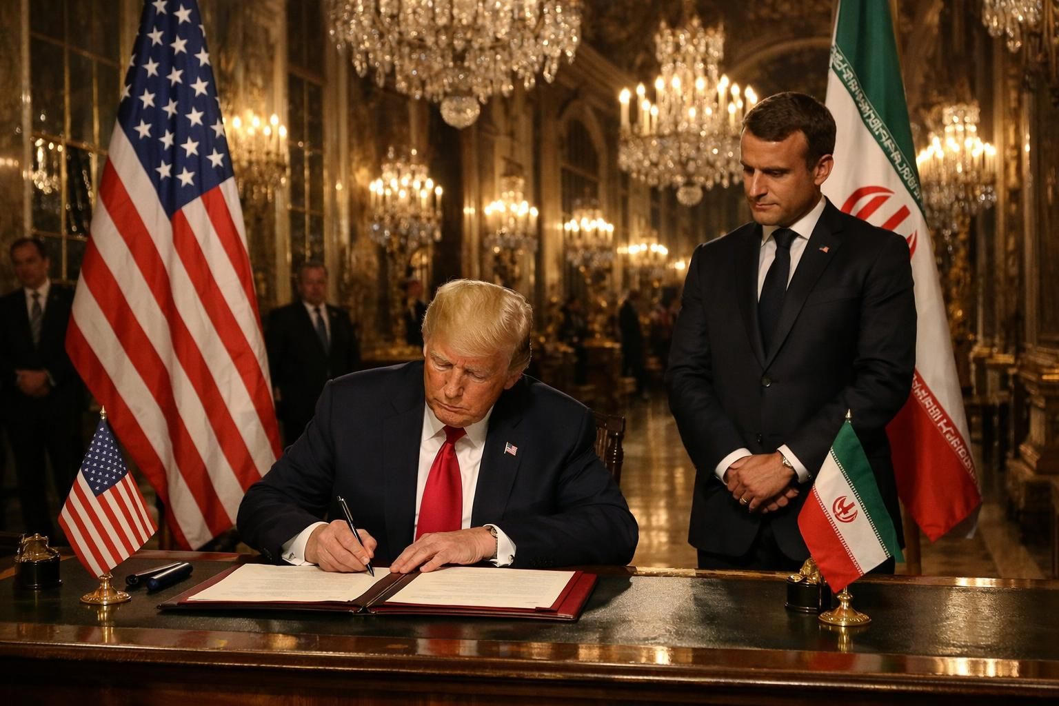 momen bersejarah ketika trump menandatangani mou perdamaian dengan iran yang disaksikan oleh macron di istana versailles, menandai langkah penting dalam diplomasi internasional.