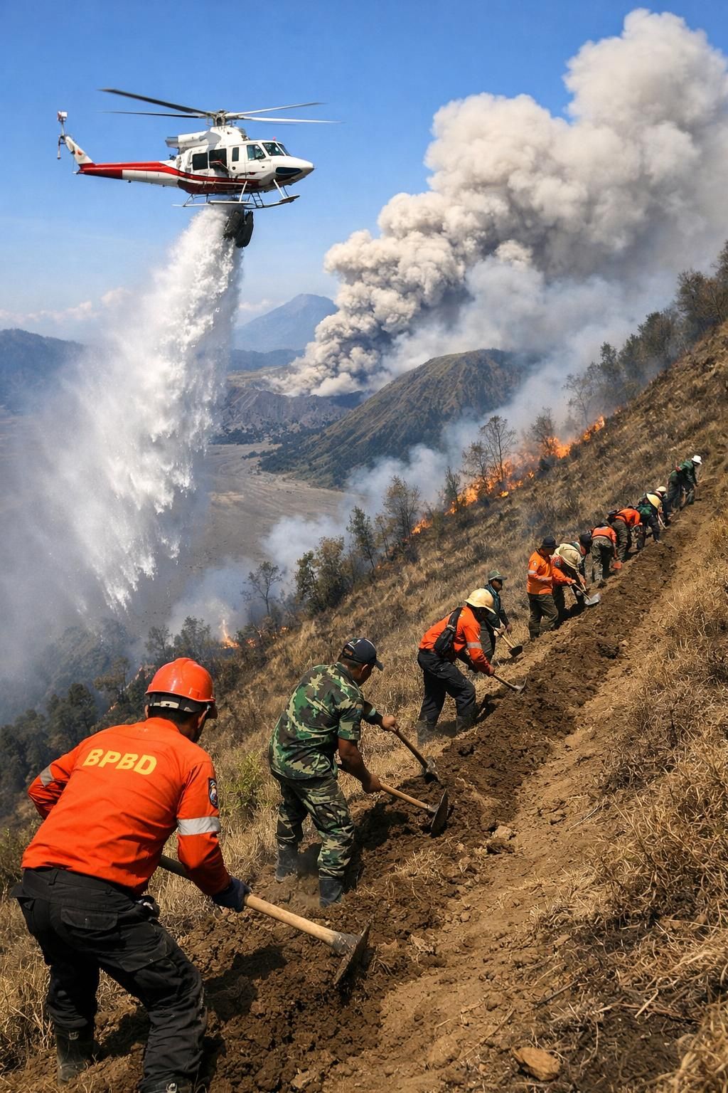 menhut meninjau strategi pemadaman kebakaran di bromo dengan mengoptimalkan penggunaan water bombing untuk melindungi kawasan dan mencegah kerusakan lebih luas.