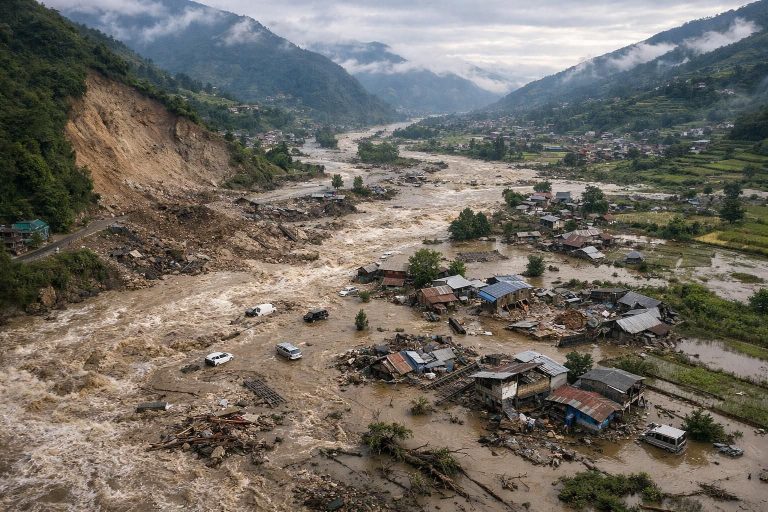 jelajahi dampak banjir bandang dan longsor di nepal dari perspektif ketinggian, mengungkap kerusakan dan upaya pemulihan yang sedang berlangsung.