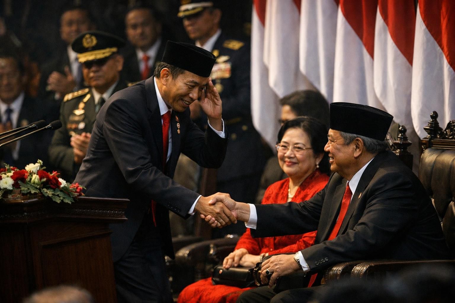 setelah pidato, prabowo menunjukkan rasa hormat dengan berjabat tangan hangat bersama jokowi, menandai momen penting dalam hubungan politik mereka.