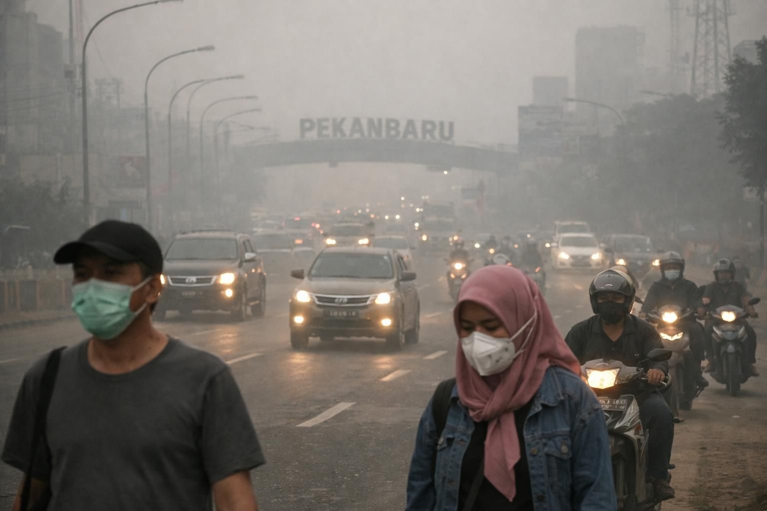 setibanya di pekanbaru, prabowo disambut kabut asap pekat yang disebabkan oleh kebakaran hutan dan lahan, menurut laporan detiknews.
