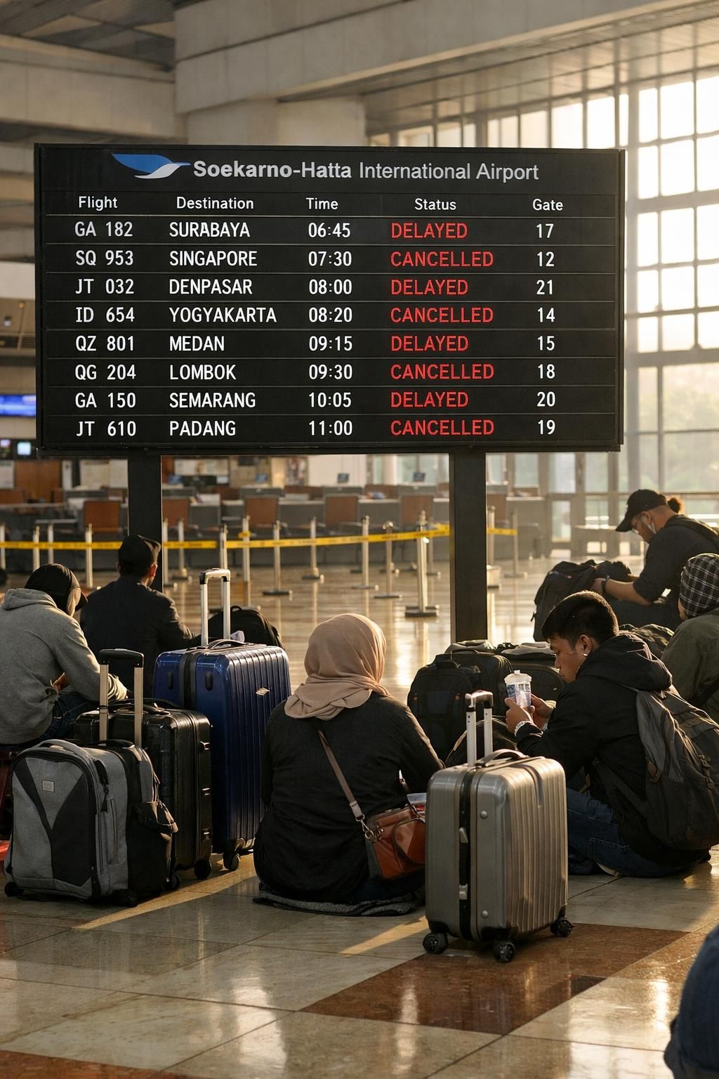 bandara soekarno-hatta ditutup sementara hingga pukul 13.30 wib karena erupsi anak krakatau, menyebabkan gangguan penerbangan. dapatkan informasi terkini di detiknews.